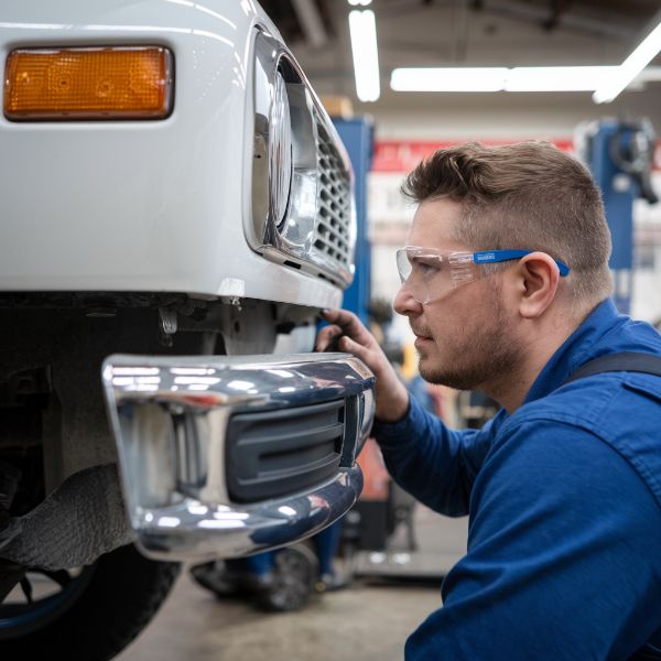 Auto Body technician at One Twenty Two Collision looking at the front bumper of a Jeep repair Auto-Body-technician-at-One-Twenty-Two-Collision-looking-at-the-front-bumper-of-a-Jeep-repair