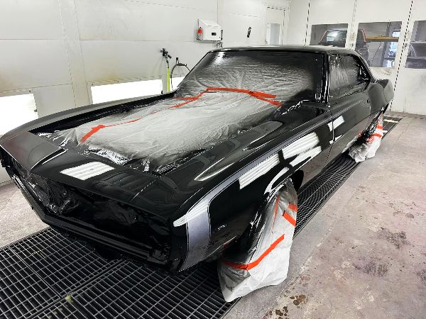 Black 69 Camaro in paint booth at One Twenty-Two Collision GA Black 69 Camaro in paint booth at One Twenty-Two Collision GA