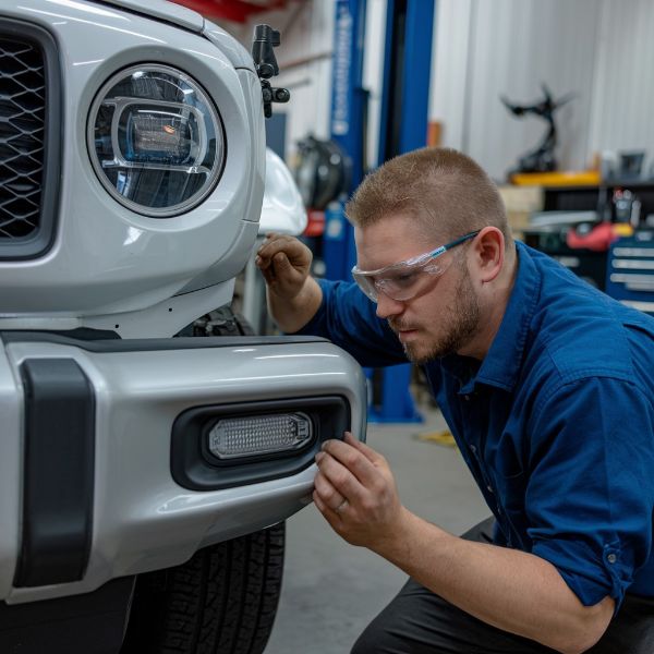 Bumper repair technician repairing a jeep at One Twenty-Two Collision auto body repair estimator