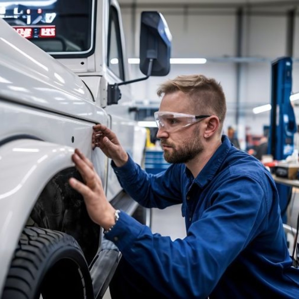fender repair tech 122 fender repair tech-at-One-Twenty-Two-Collision-looking-at-the-front-bumper