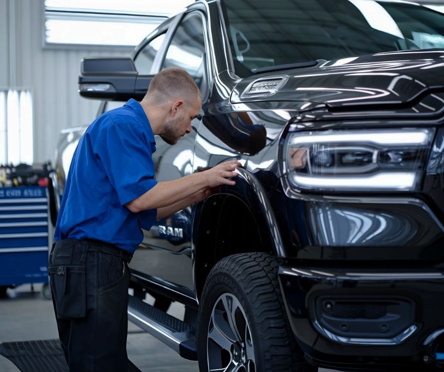 Auto-body-technician-working-on-Dodge-Certified-Collision-Repair-One-Twenty-One-Collision