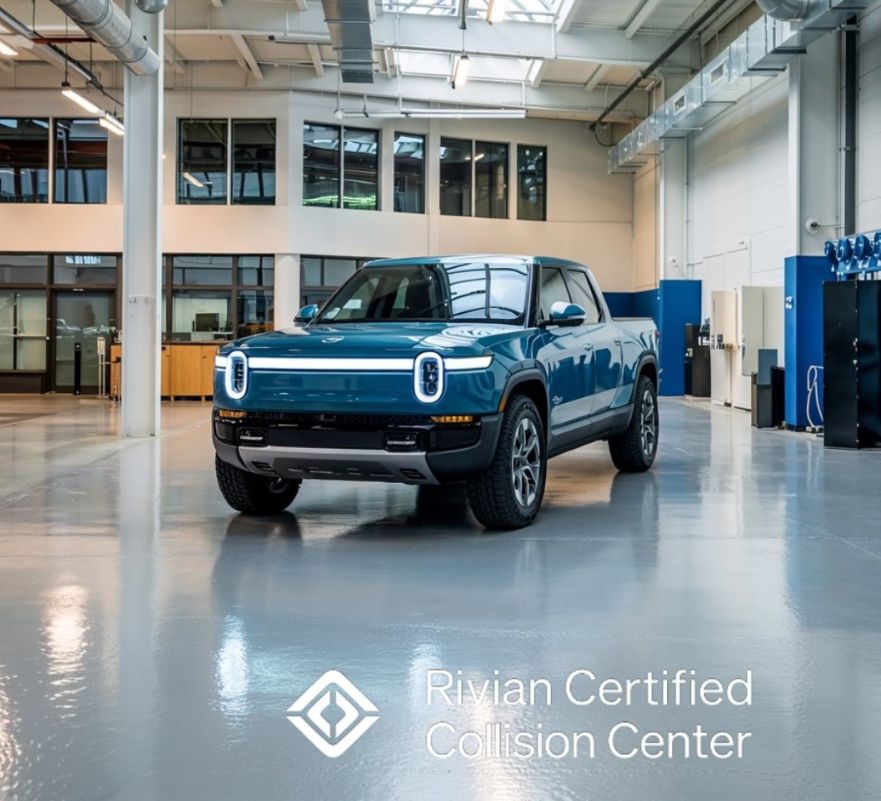 Blue-Rivian-in-a-body-shop-Rivian-Certified-Collision-Repair-One-Twenty-Two-Collision-GA