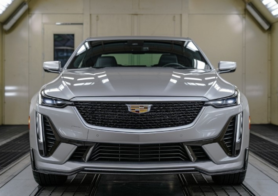 Conyers Collision Repair cadillac in paintbooth