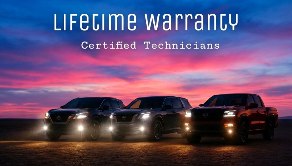 Three-Nissan-trucks-in-a-line-with-sunset-Lifetime-Warranty-Certified-Technicians