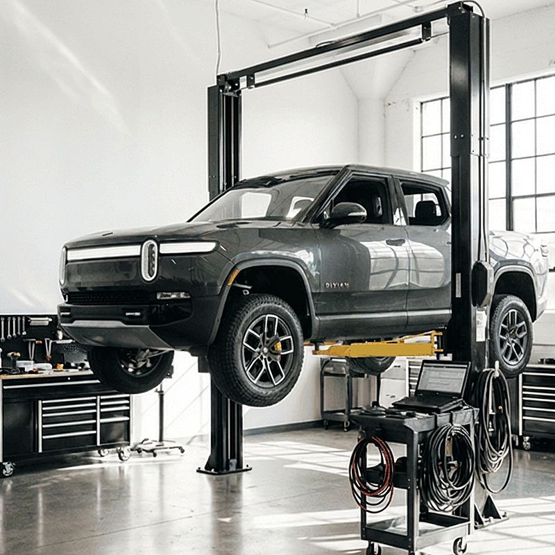 Rivian-in-for-Aluminum-auto-body-repair-on-a-lift-One-Twenty-Two-Collision-GA